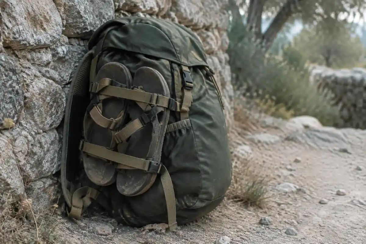 Small pack with a scallop-free stitched sleeve and sandals