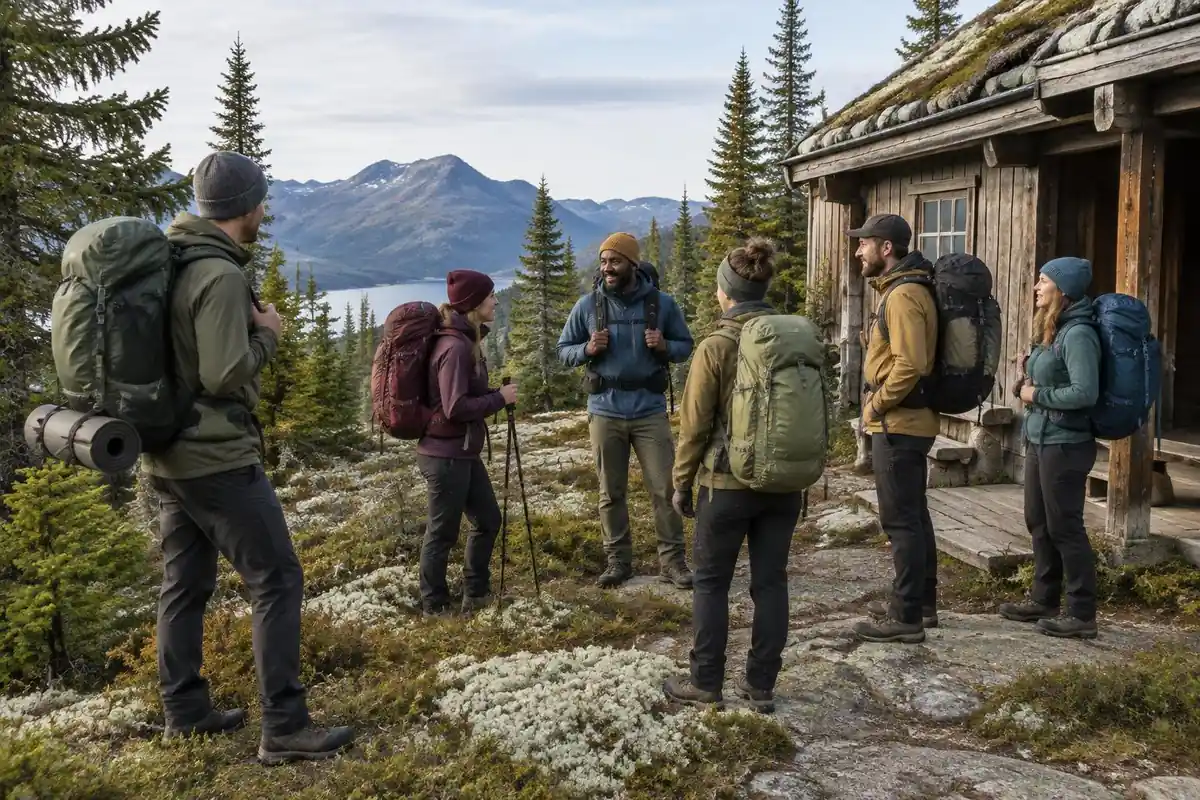 Row of hikers of varied build outside a trail hut each wearing different packs