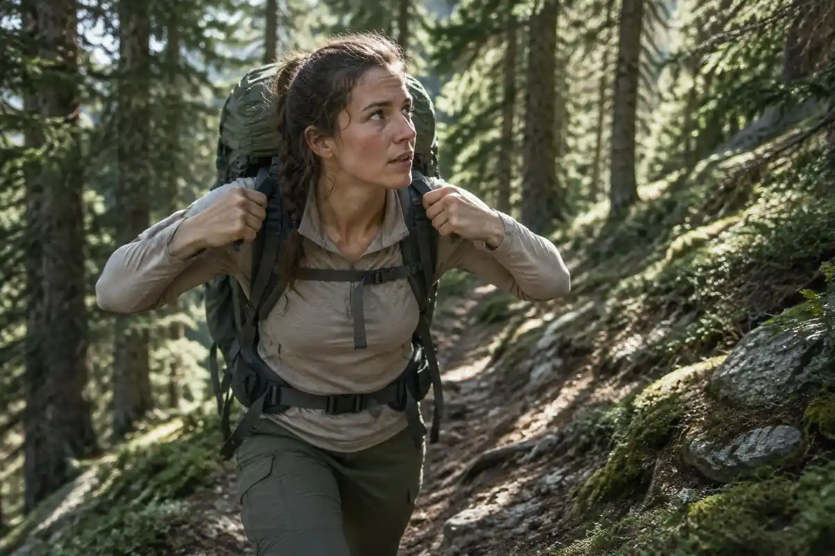 Hiker tightening load lifters while walking uphill at a fir forest