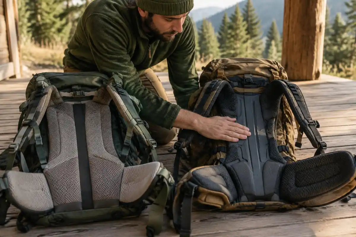 Hiker comparing two packs' hip belts and frames on a porch bench