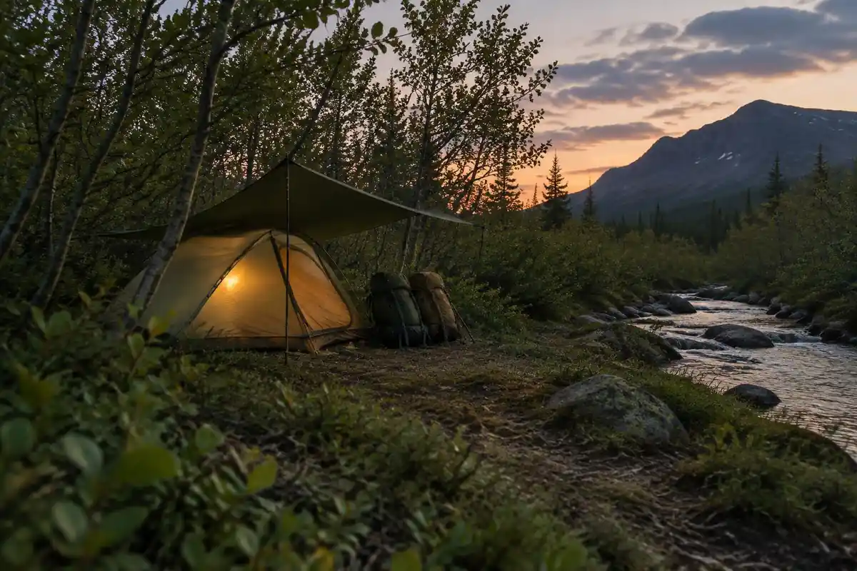 Small tent pitched near a stream among alders at dusk