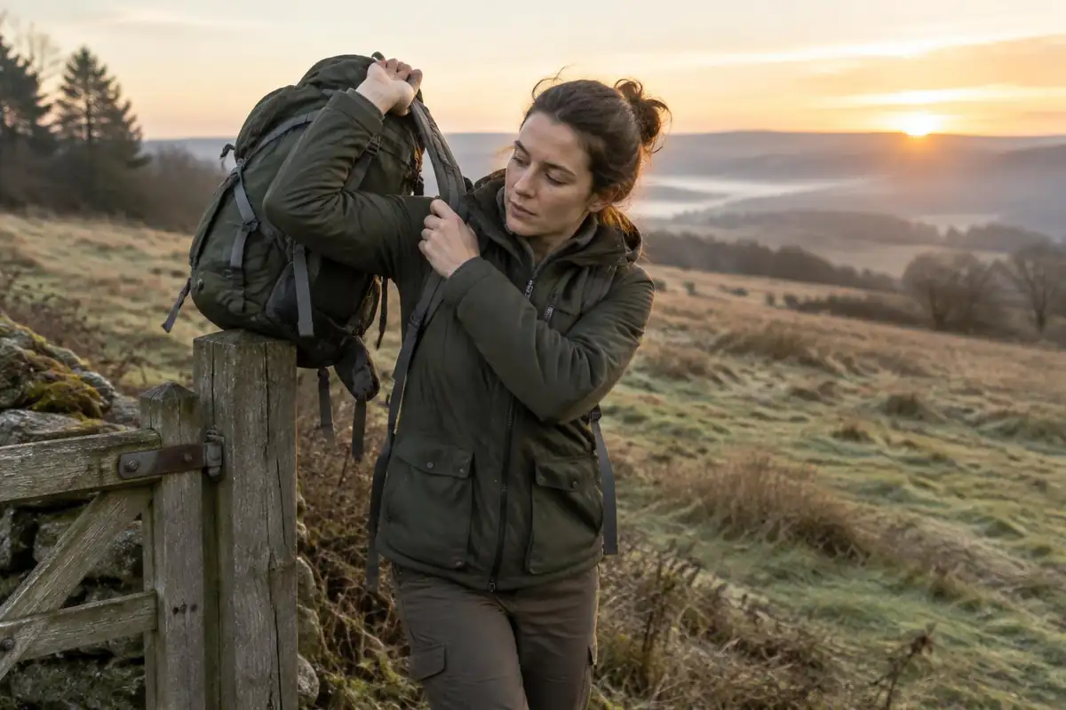 Woman lifting a mid-size pack onto her back at a trail gate