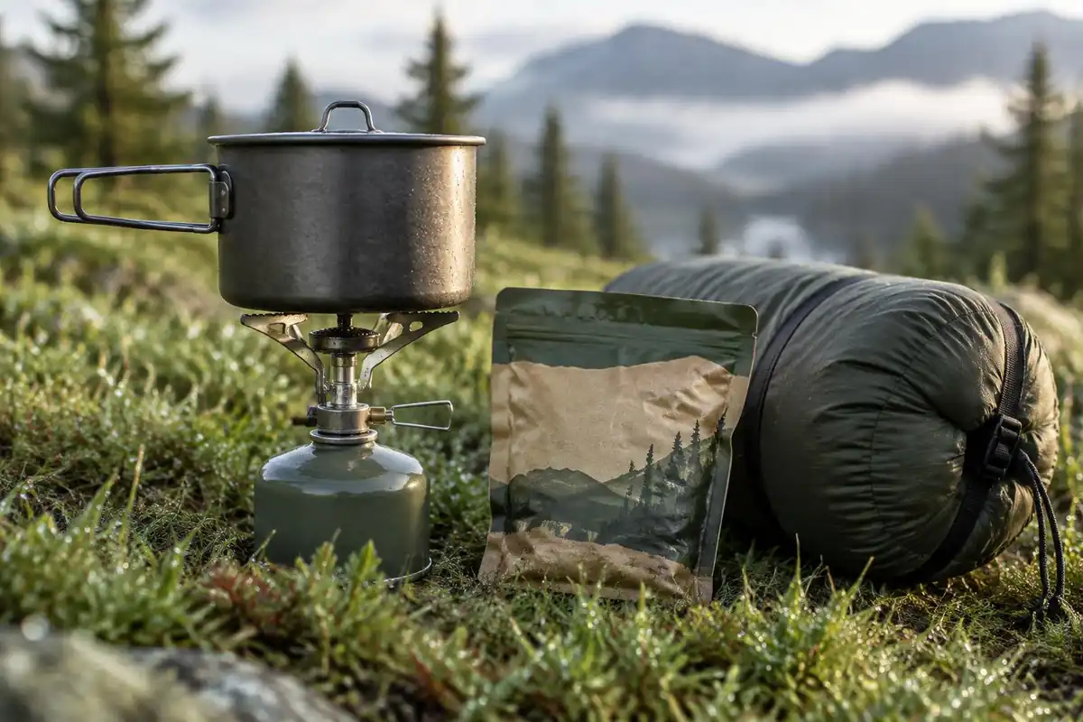 Stove pot and single meal beside sleeping bag