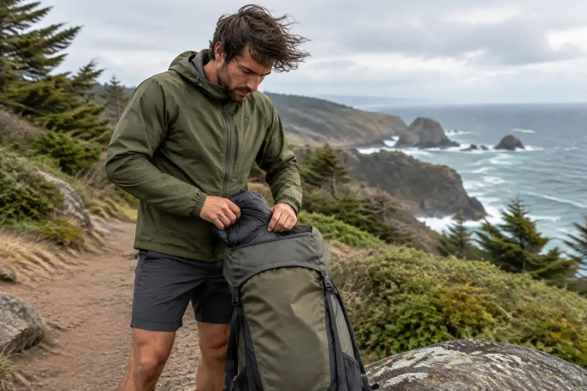 Man pushing rain jacket into top pocket at a trail start