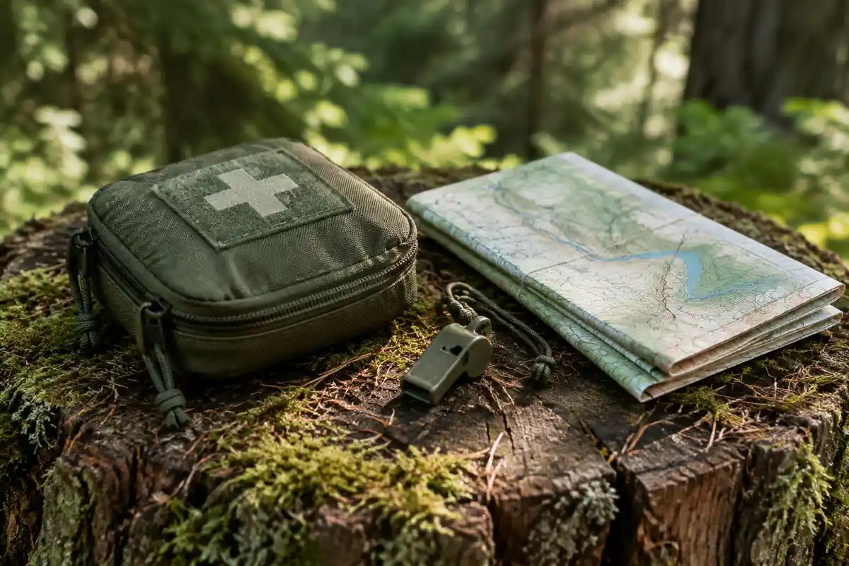 Small first aid pouch, whistle and map on a stump