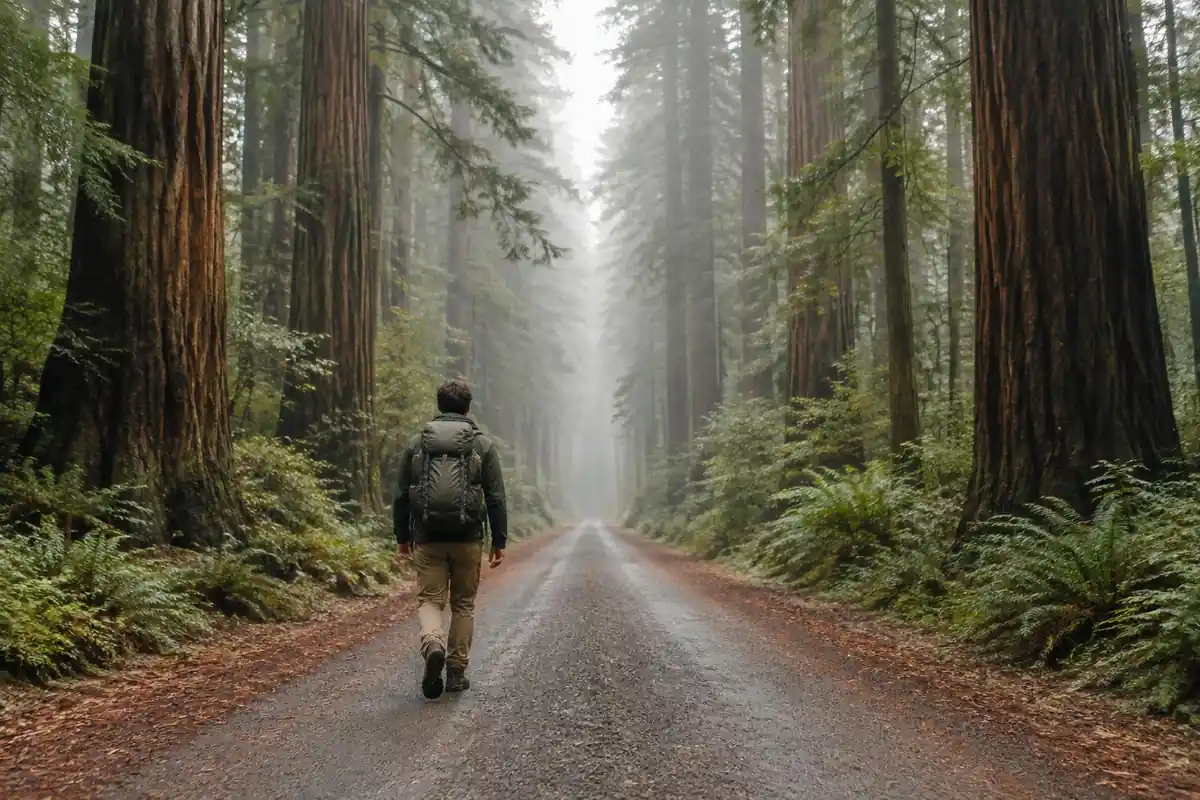 Tall hiker striding a long straight forest road with a well fitting pack
