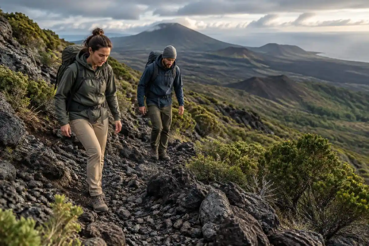 Two hikers descending a steep rocky path leaning slightly forward