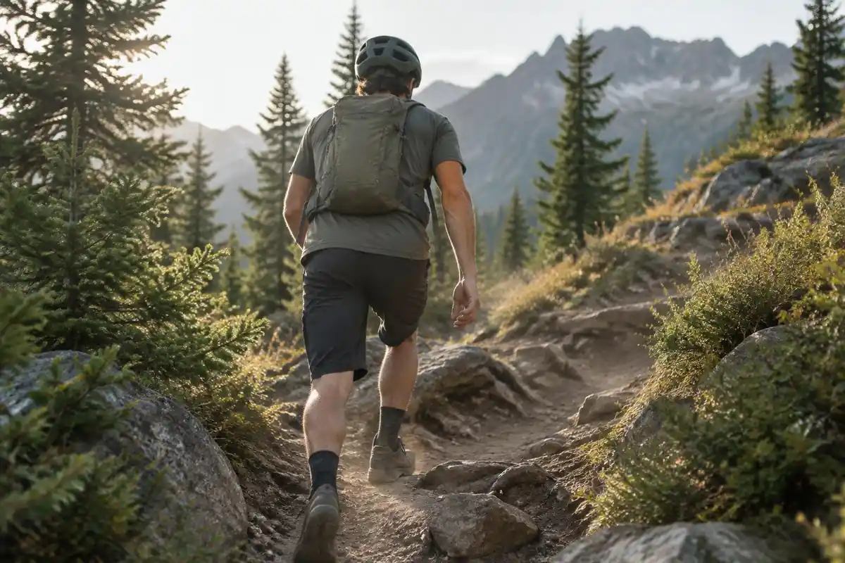 Man carrying a water bag close between shoulder blades on a slope