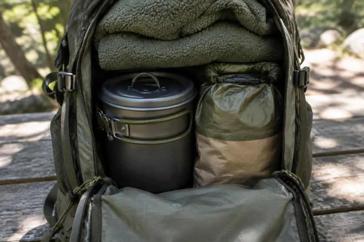 Dense stove and fuel bag beside back panel in an open pack