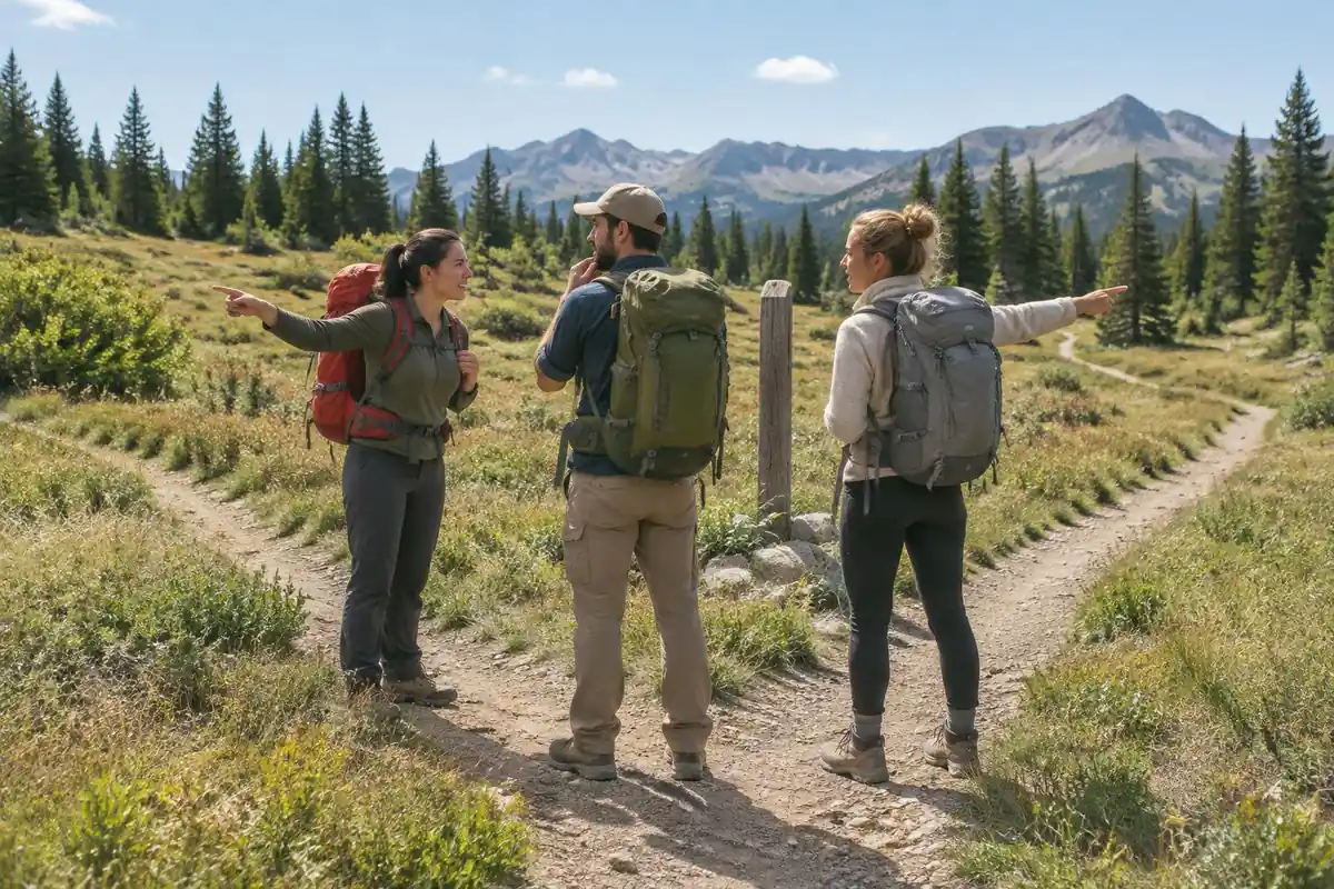 Three hikers at a trail crossroads each with a differently styled pack