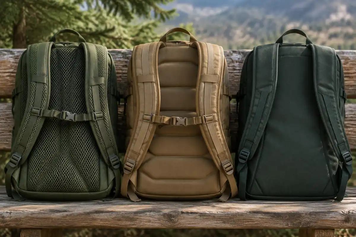 Pack tags-free line of three different back panels laid on a bench