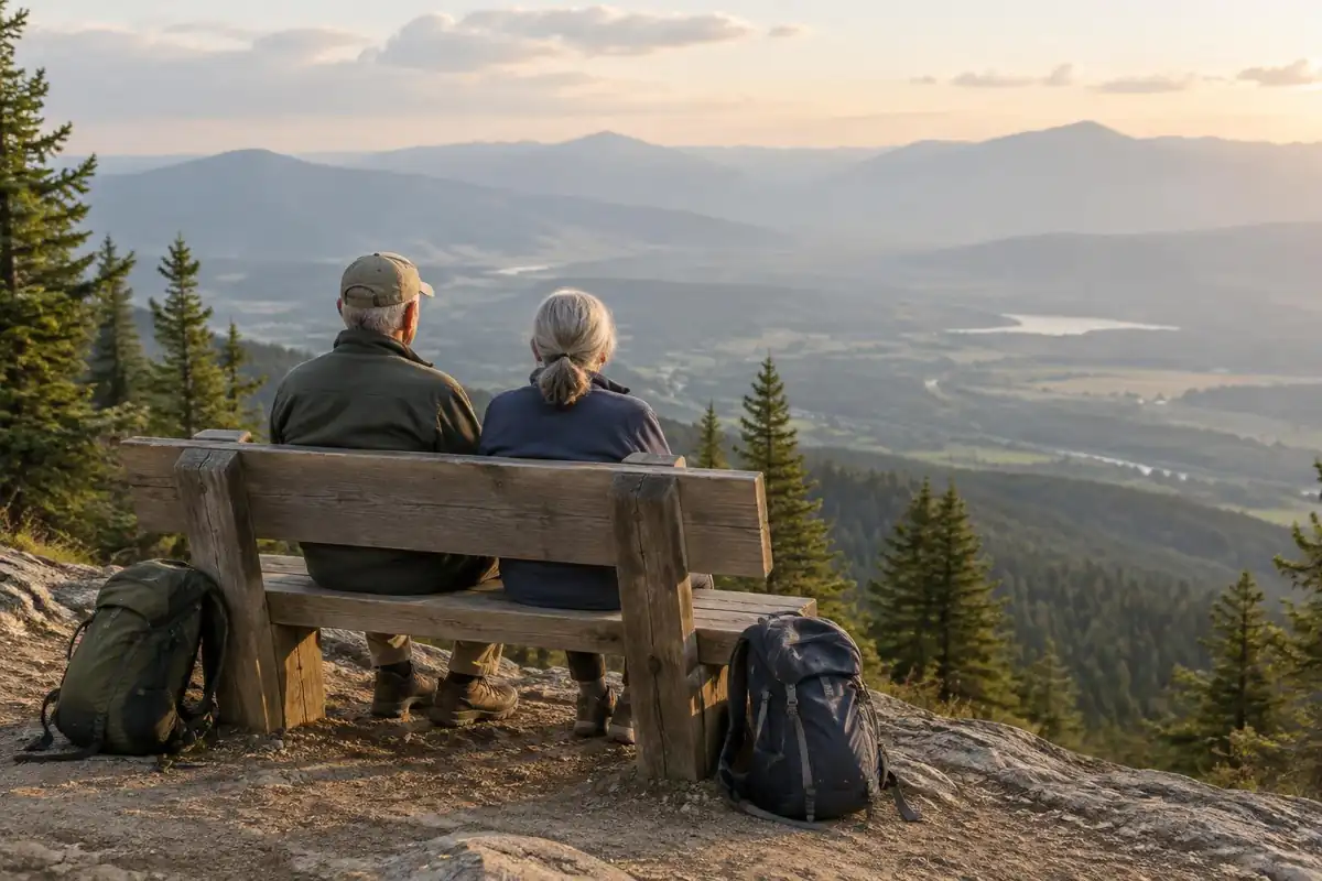 Older couple resting at a viewpoint bench with packs on the ground