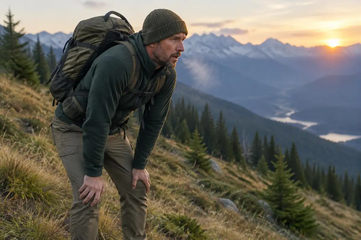 Man leaning forward with hands on knees on a steep grassy slope
