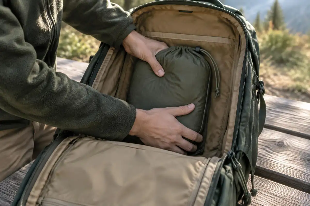 Hands placing a dense food bag against the pack's back panel