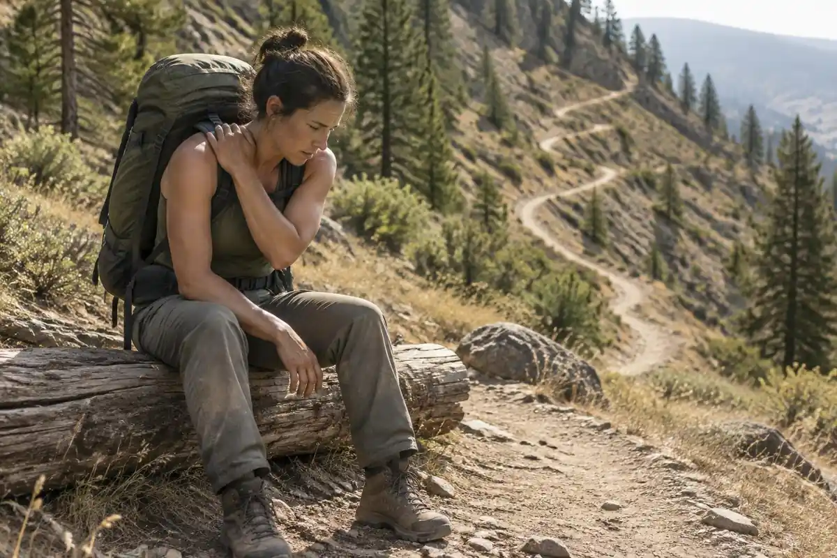 Tired hiker resting on a log with a heavy pack still on shoulders