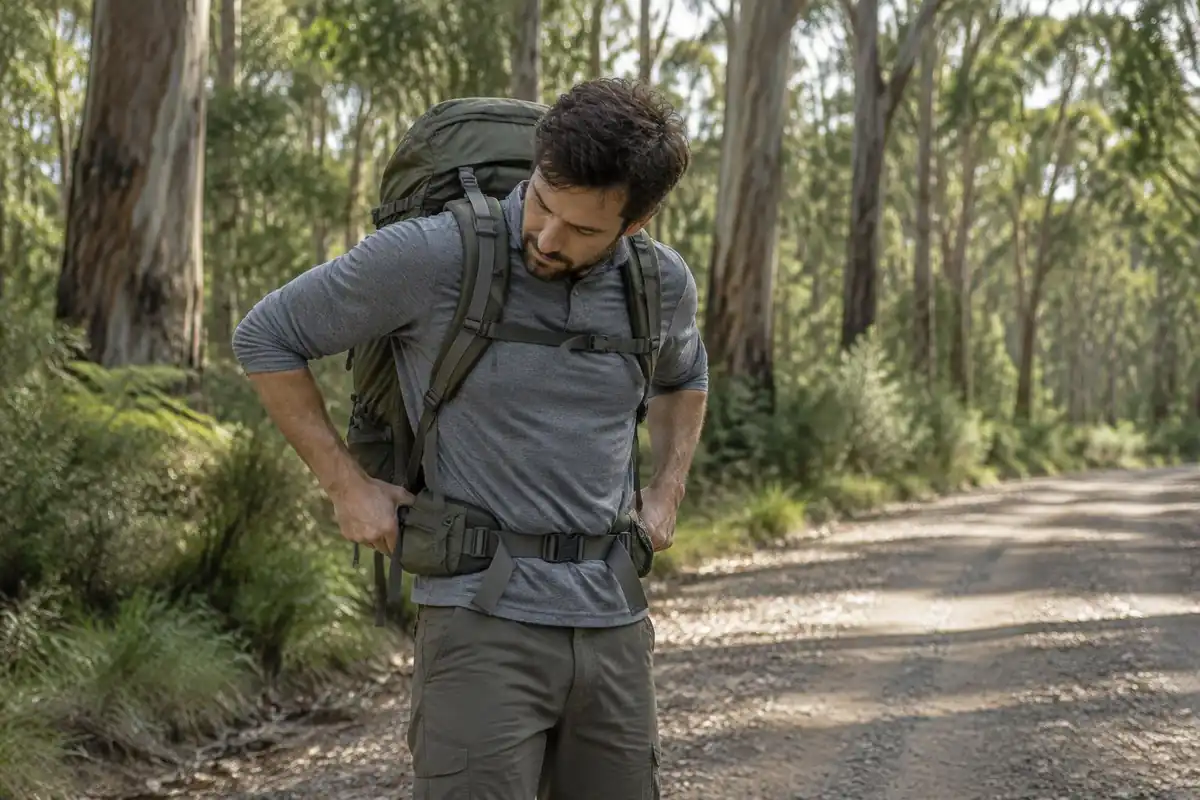 Man lifting the pack off his shoulders slightly to feel the hip belt take weight