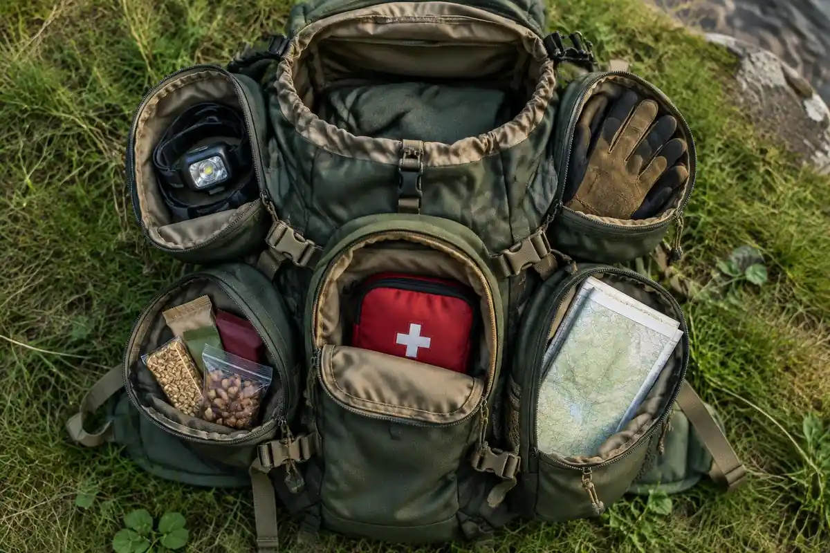 Top-down view of a pack with all pockets opened, items sorted in each