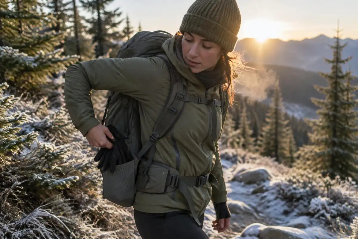 Hiker grabbing gloves from a side pocket without removing the pack