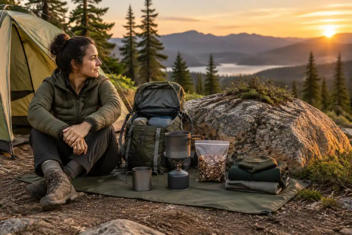 Camp organisation: pack open beside a rock with items grouped neatly