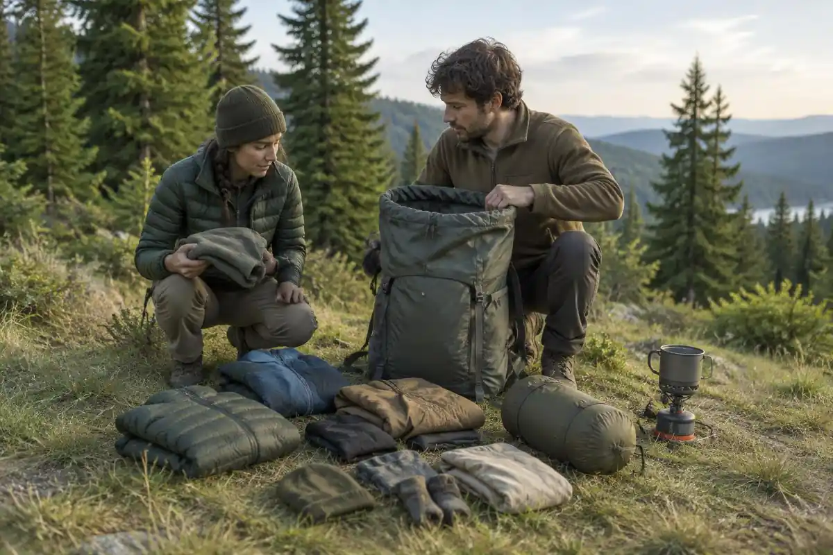 Trailhead lot with an open top-load pack and a spread of gear