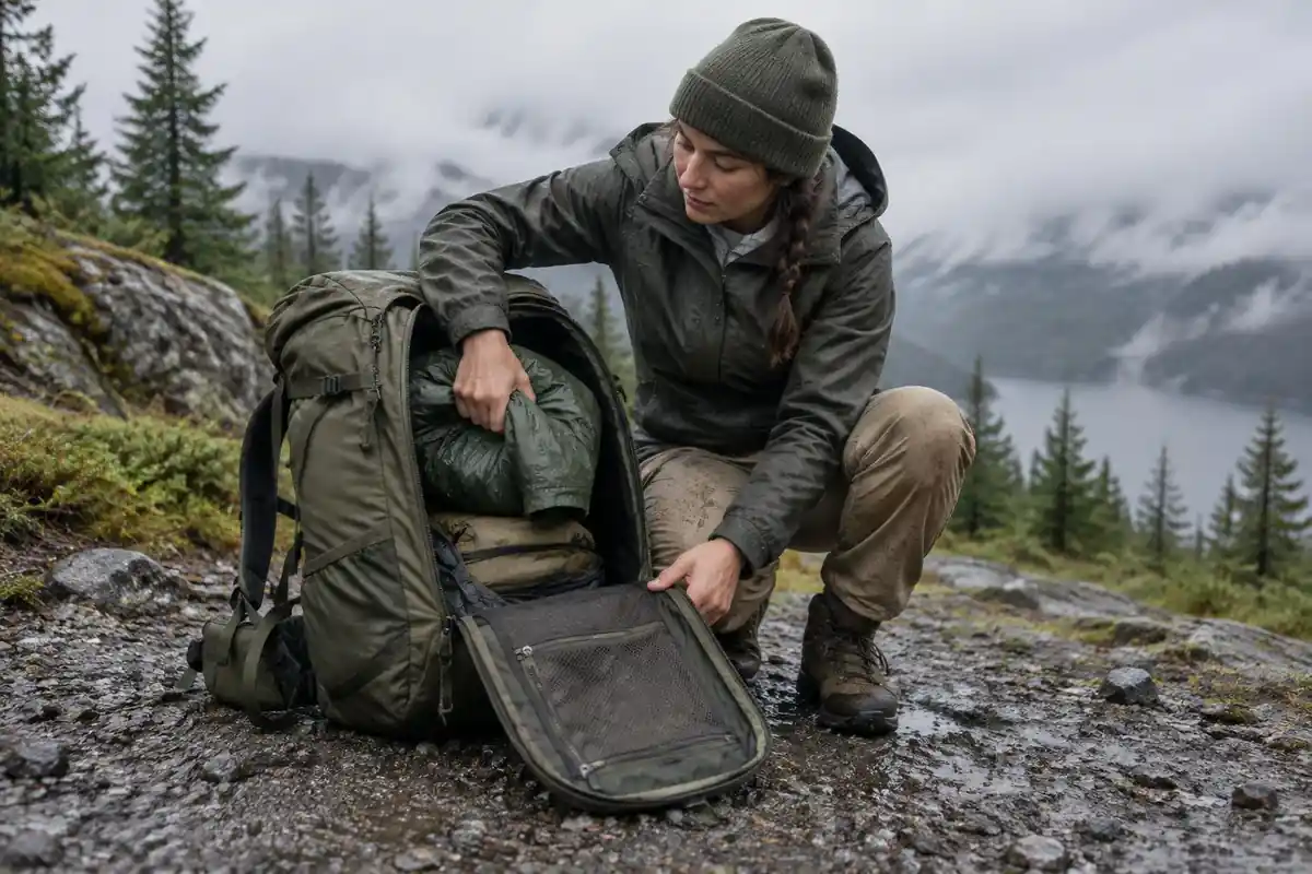 Hiker reaching into a side zip on a panel-load pack without unpacking