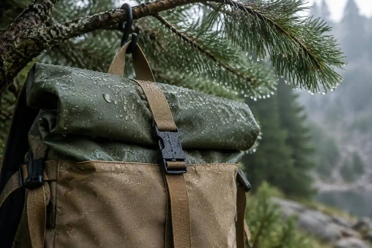 Roll-top closure with rain beading on the fabric