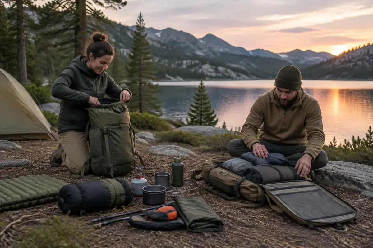 Two hikers unpacking at a camp with top and panel access packs open