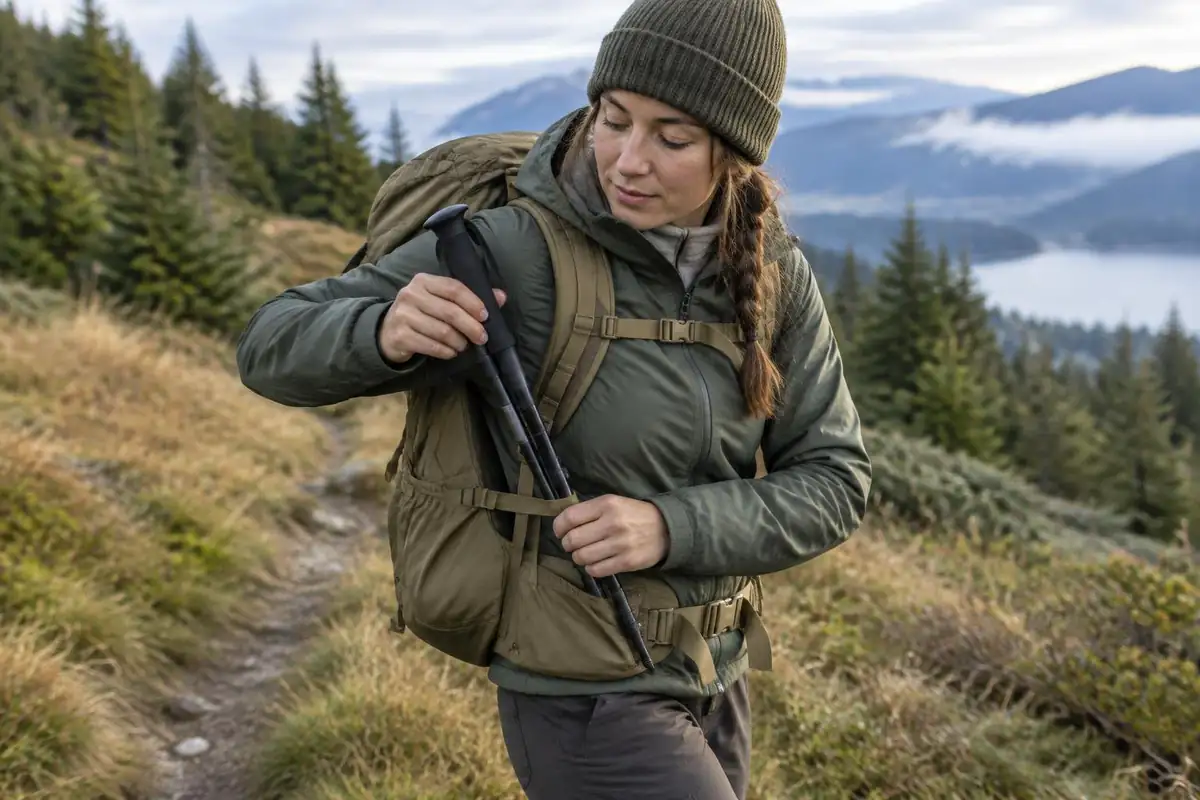 Hiker stowing a folded trekking pole into loops on the pack while walking