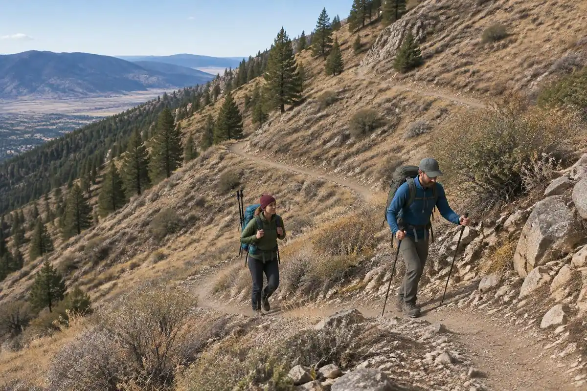 Hikers on a steep scree slope with poles out, others stowed on packs