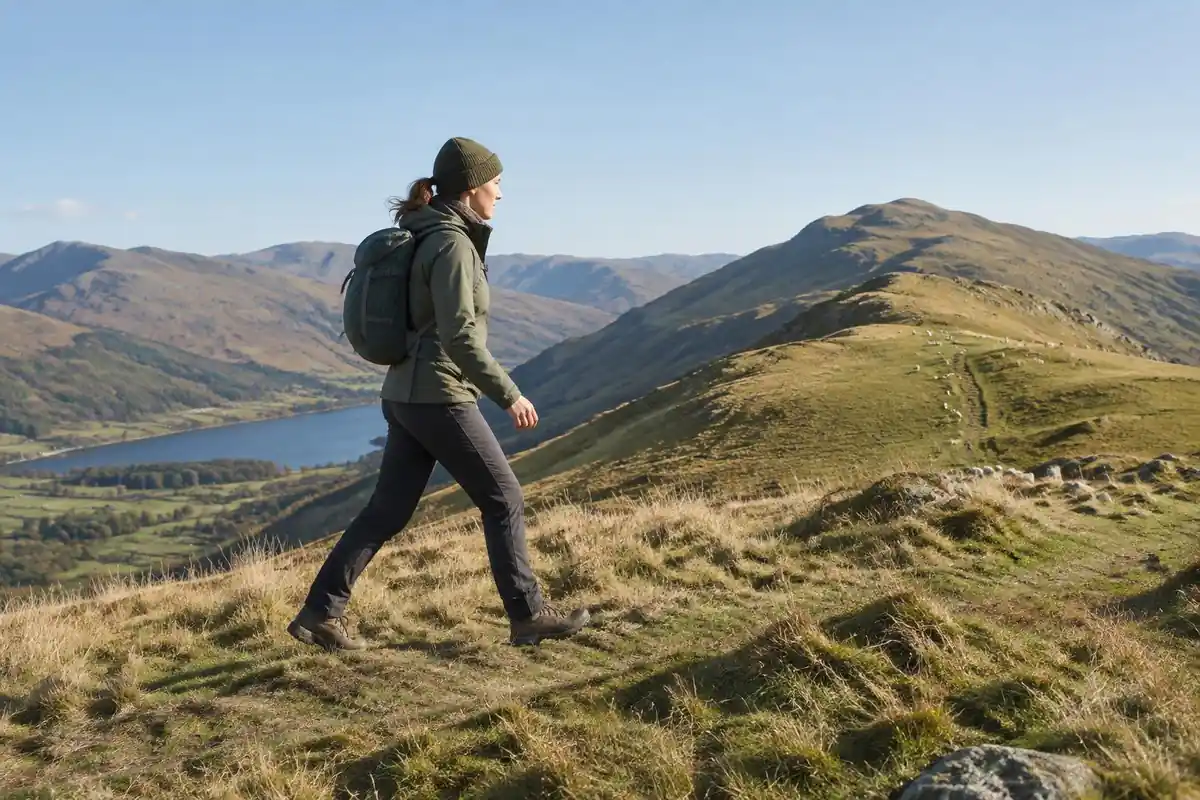 Hiker on a ridge with compression straps cinched around a slim pack