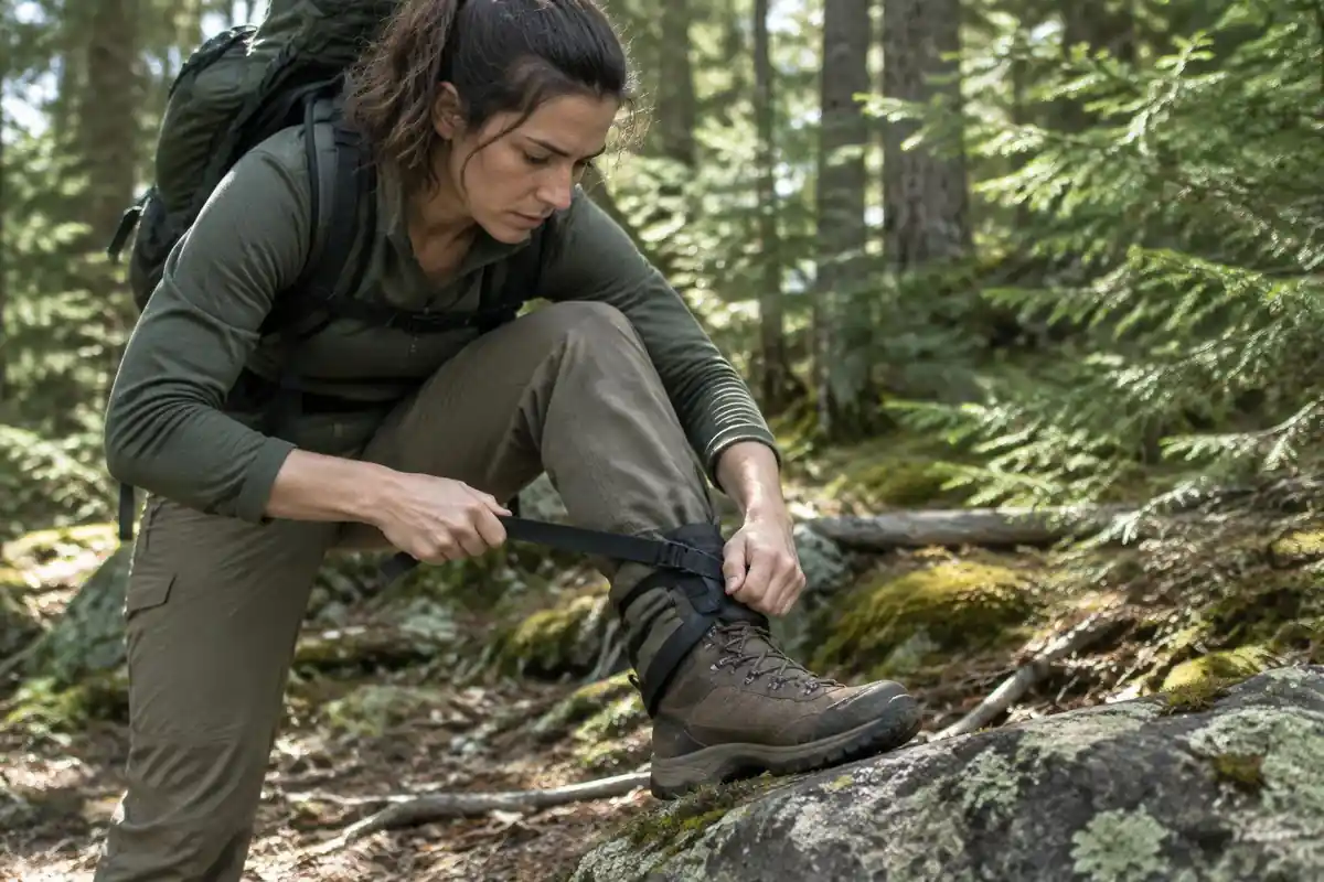 Hiker cinching a compression strap while braced on a rock