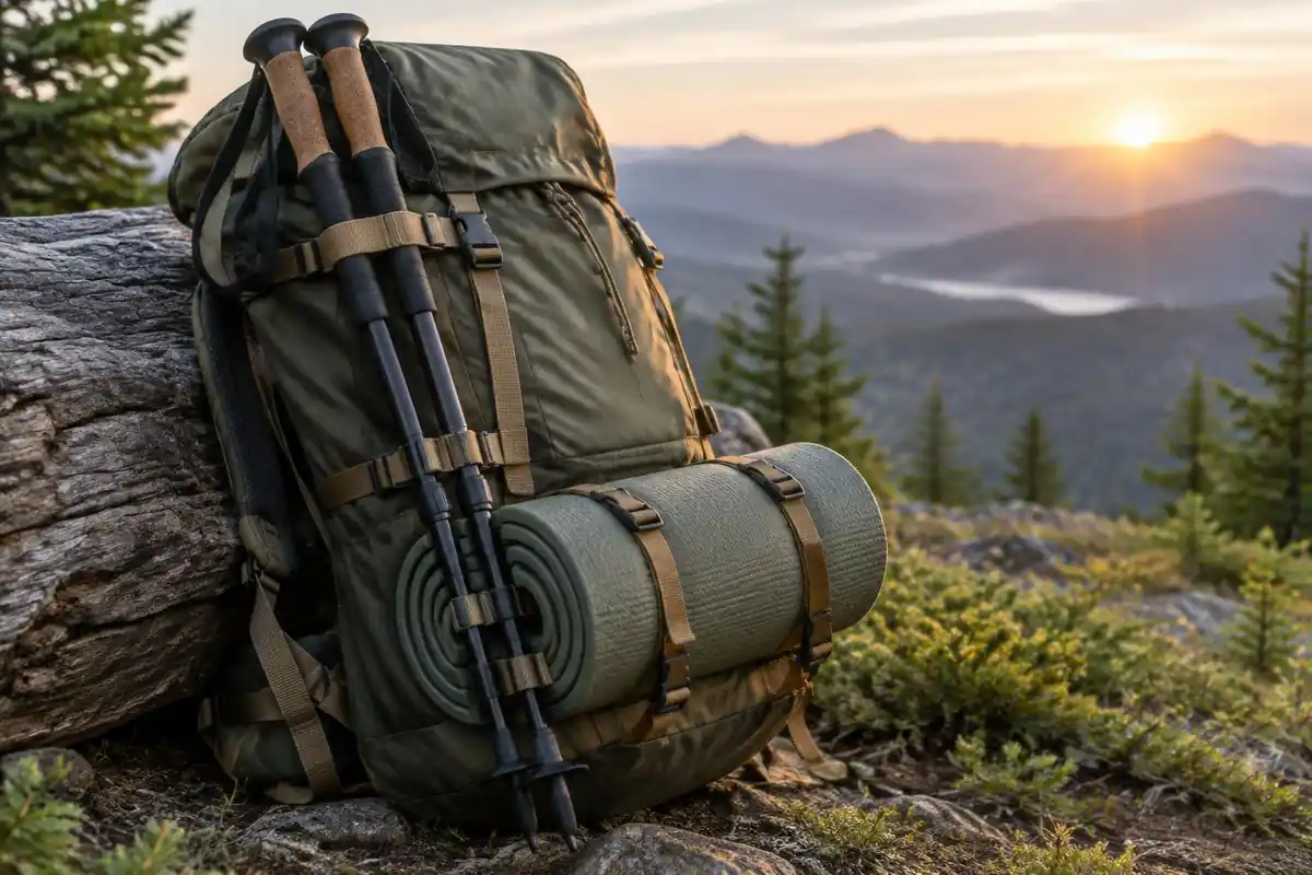 Trekking poles and a rolled mat held by straps on a pack