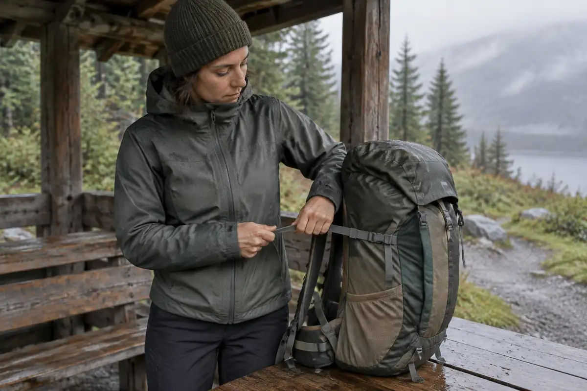 Hiker cinching compression straps on the pack side