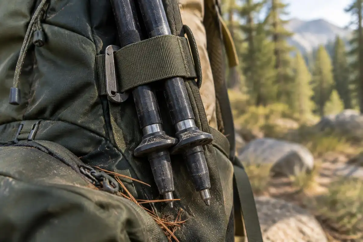 Trekking pole tips tucked through a loop with a small carabiner