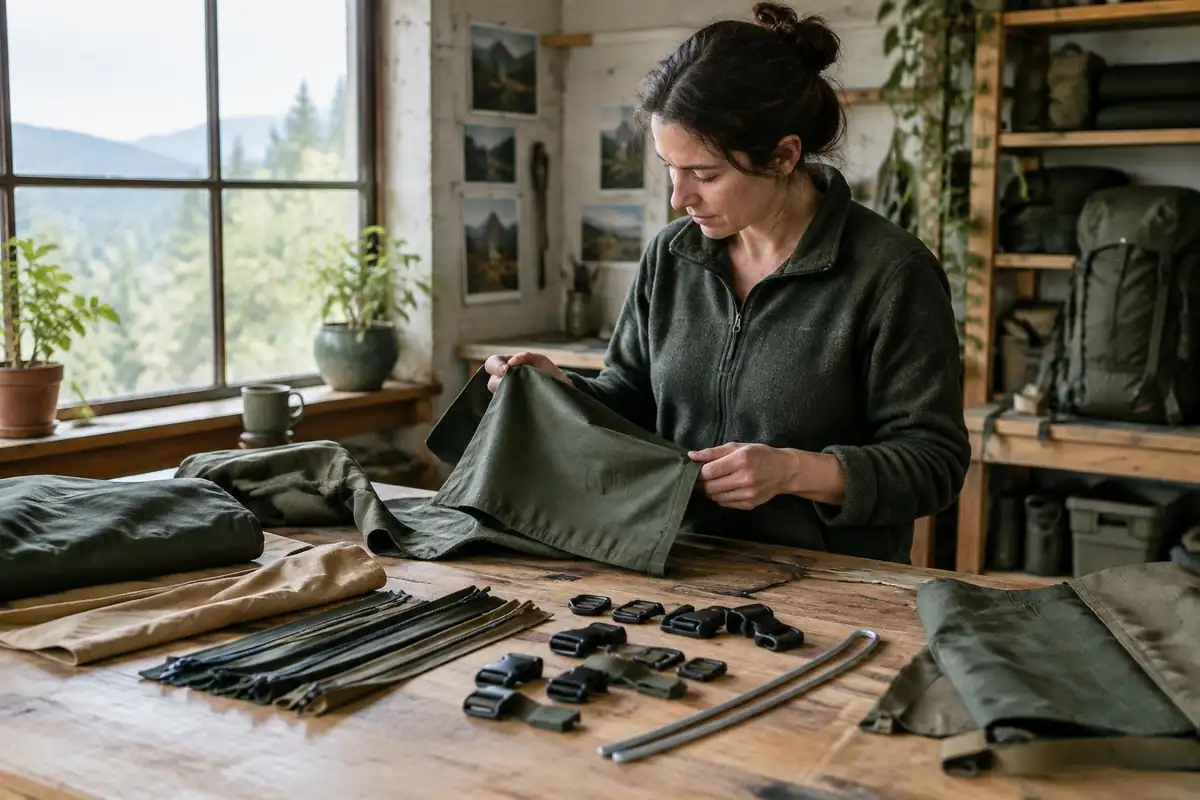 Close view of fabrics, zips and frames spread across a table