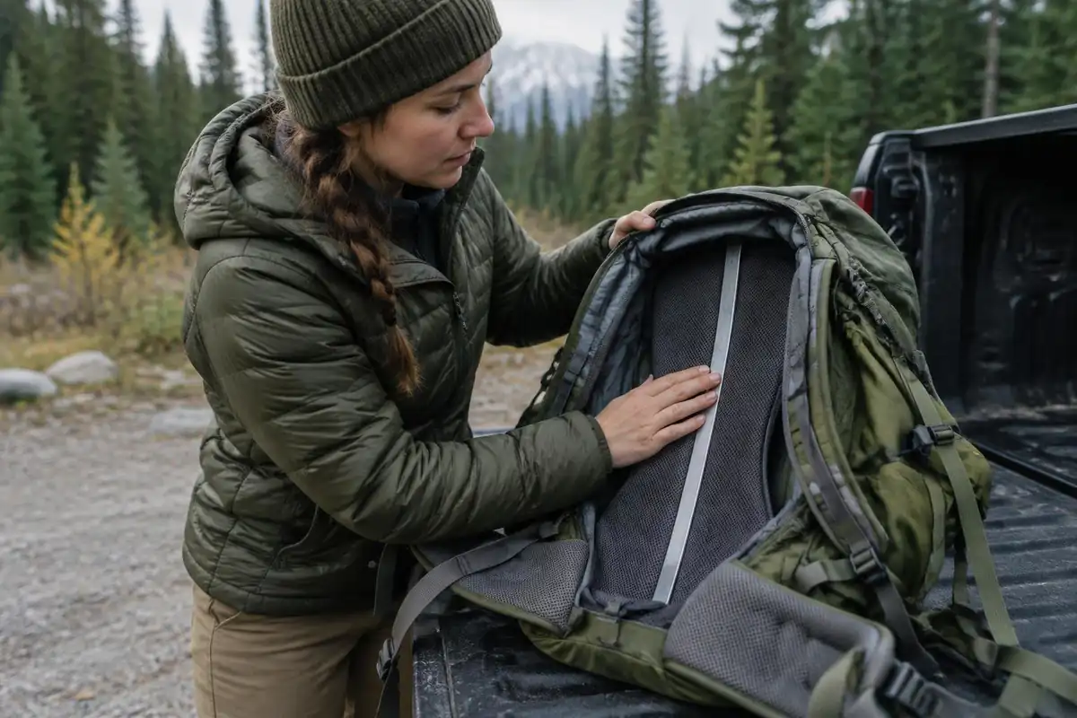 Hiker running fingers along a frame stay through a pack back panel