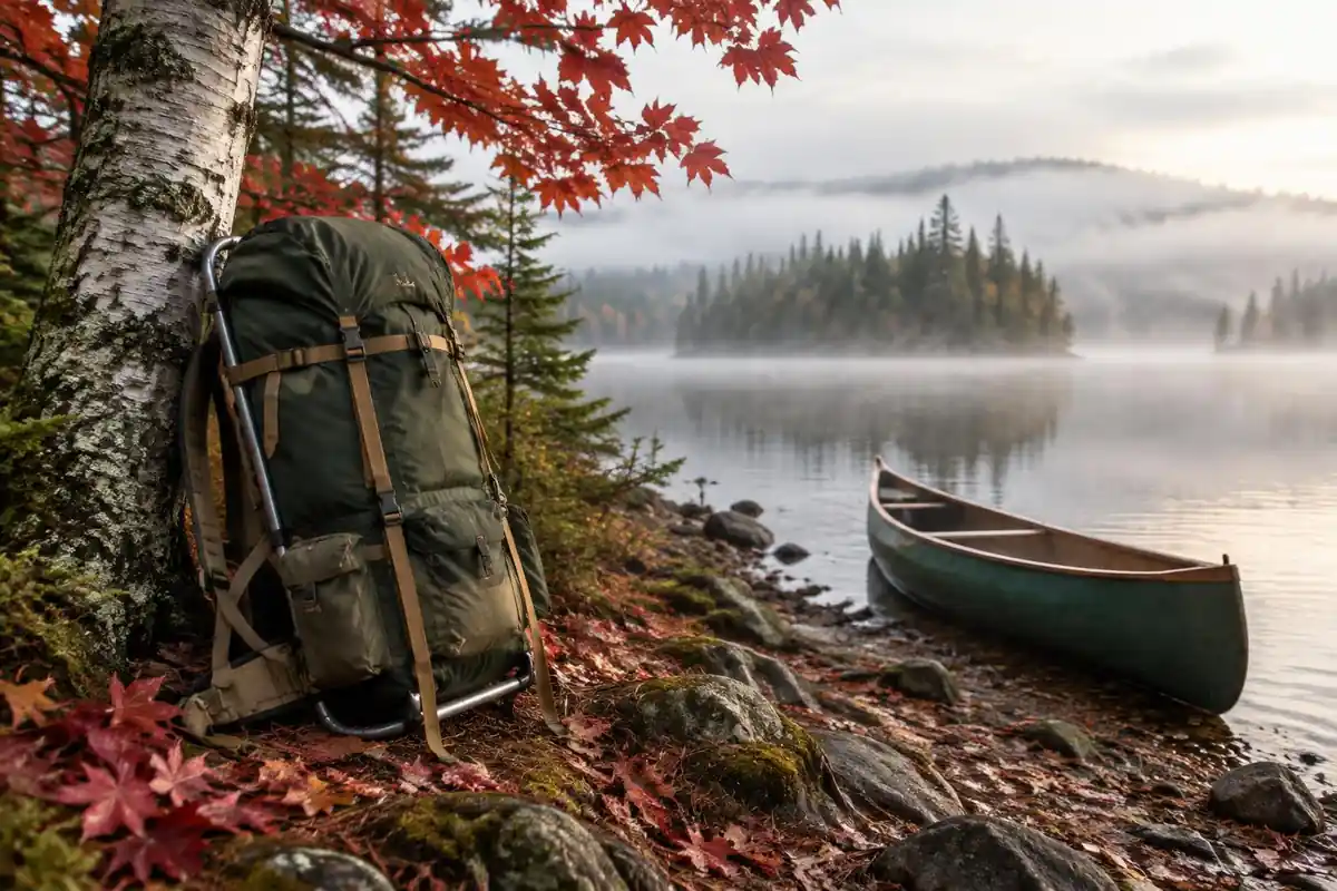 Old-school tube-frame pack leaning at a lakeshore campsite in autumn