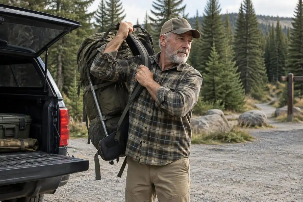 Older hiker lifting a tall framed pack onto his back at a trailhead