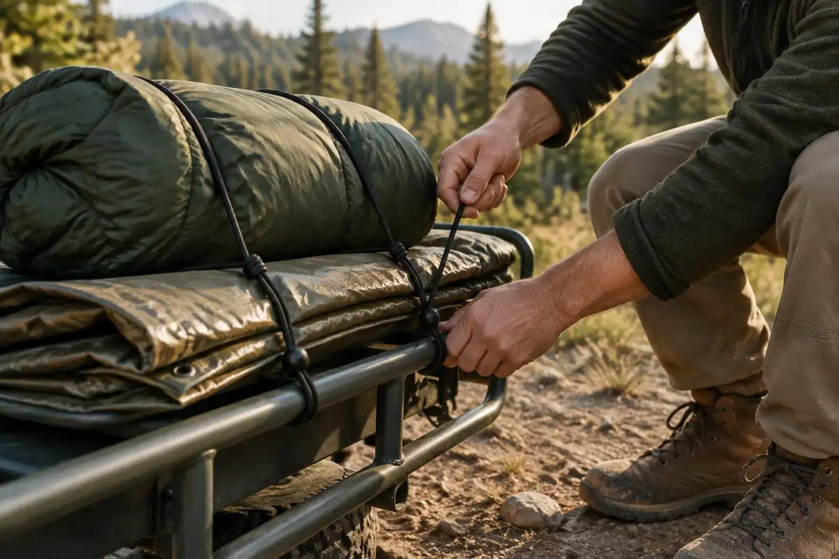 Gear tied and strapped to an open frame, sleeping bag and tarp lashed