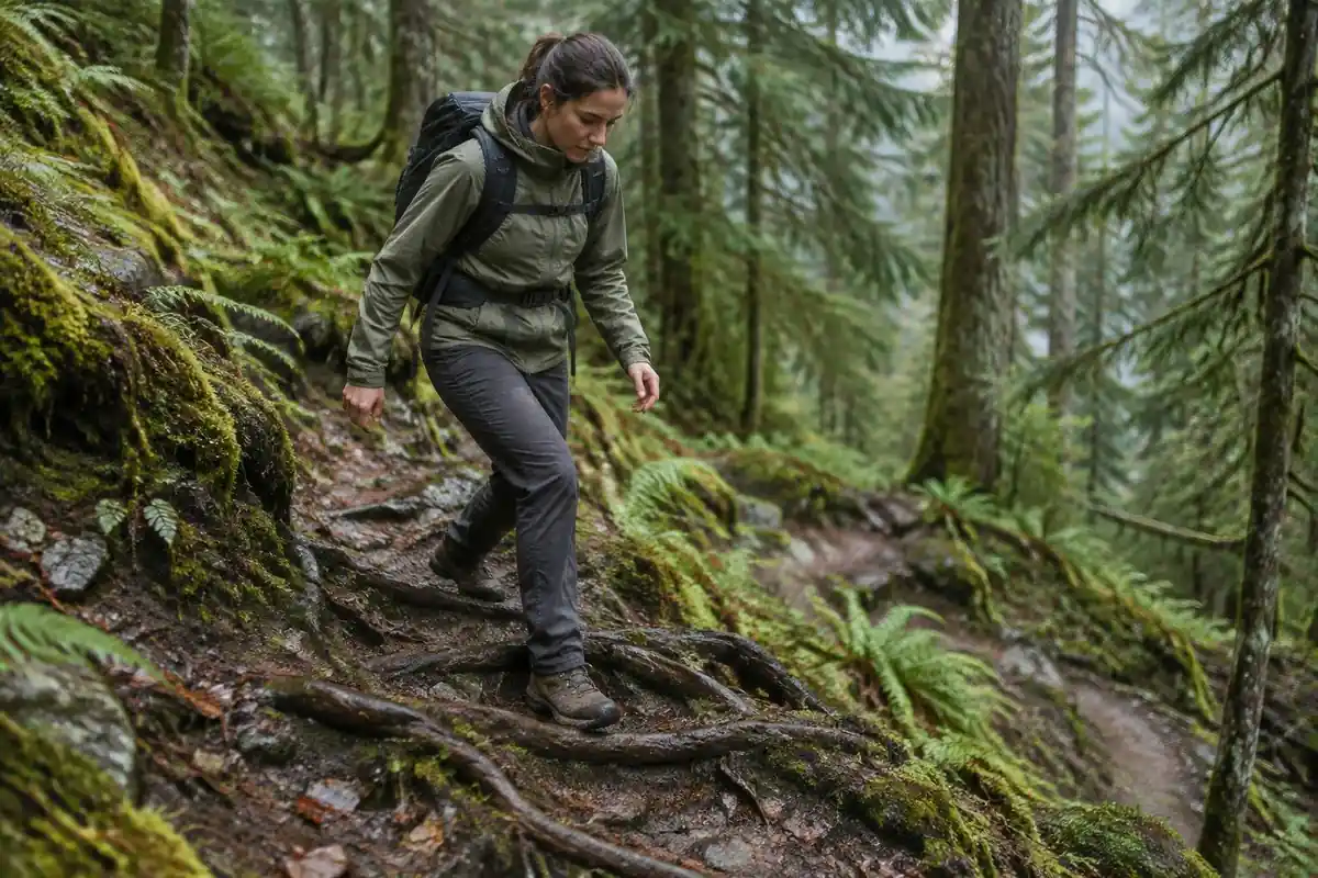 Hiker stepping over roots on a switchback wearing a structured internal-frame pack