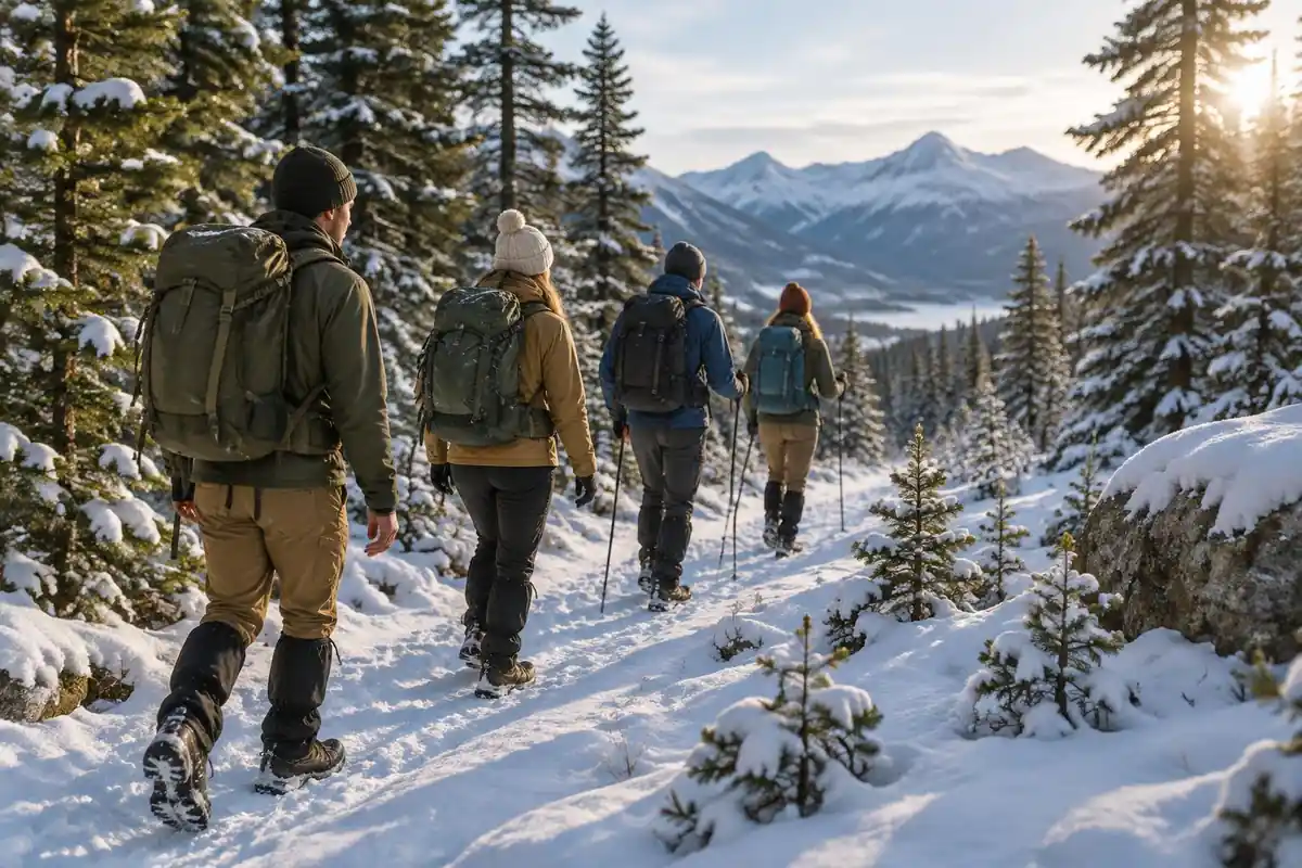 Line of hikers walking a snowy fir trail with well-balanced packs