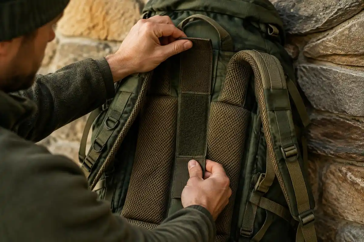 Fingers adjusting a torso-length slider on the back of a pack