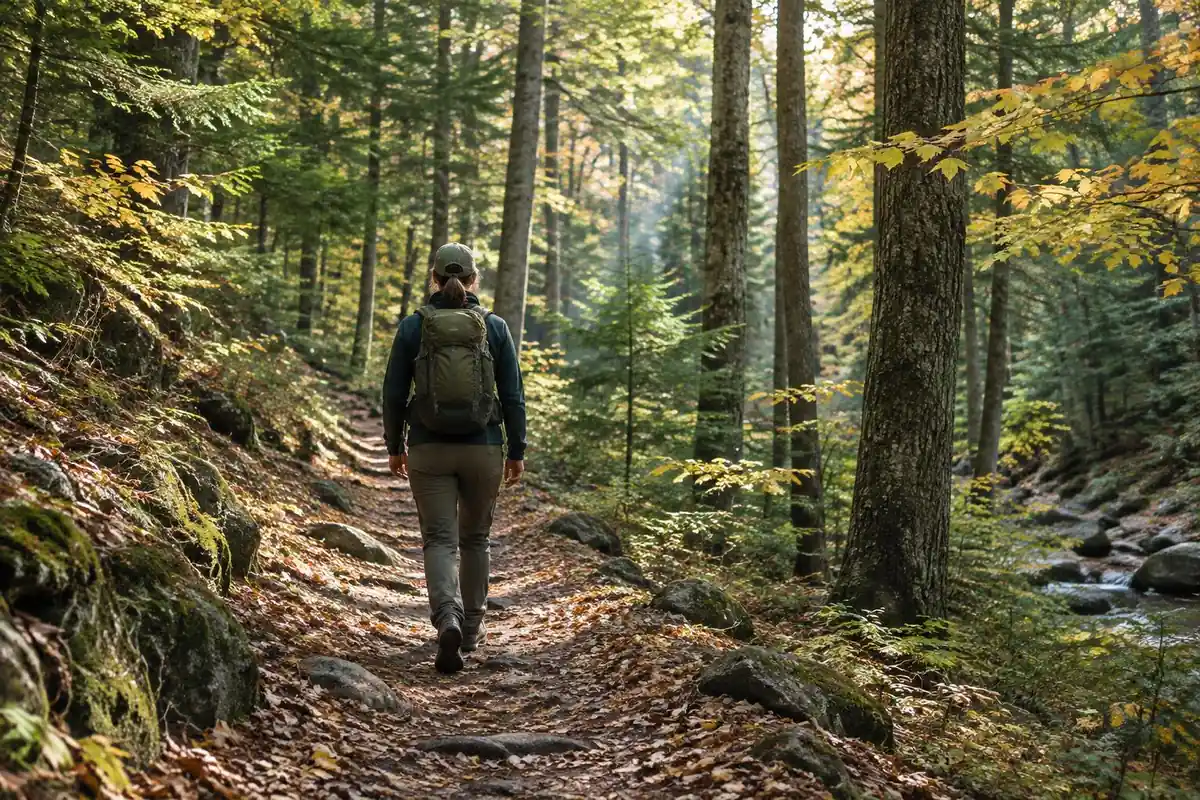Backpacker with an internal frame pack on a mixed forest trail