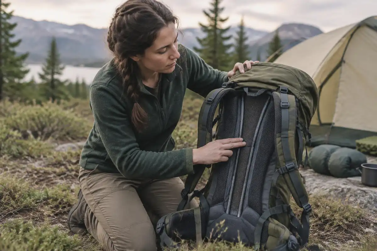 Hiker pressing on the frame stays through the back panel to feel them