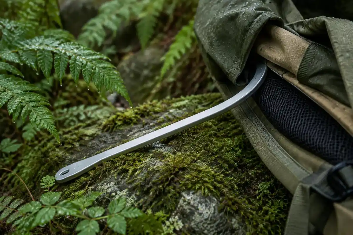 Bent aluminium stay lying on a mossy stone beside a pack