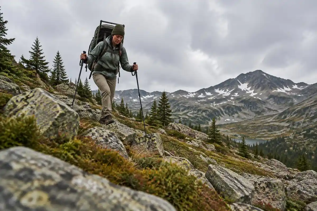 Hiker on a steep boulder-strewn slope with a frame pack