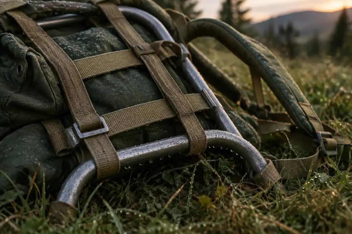 Bare frame poles of an older external pack on grass in evening