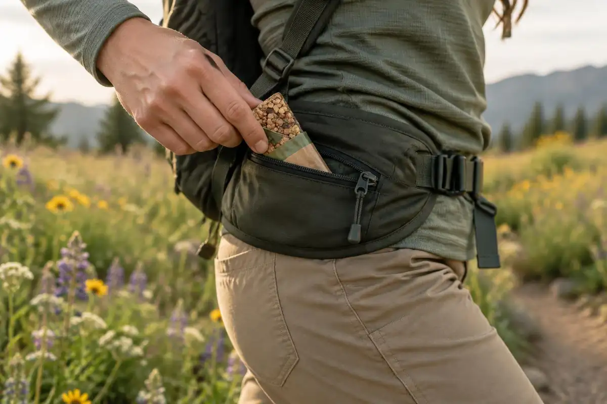 Hand reaching into a hip belt pocket for a snack while walking