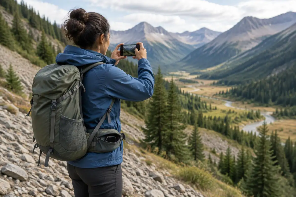 Hiker taking a phone photo mid-stride, pocket zipped behind him