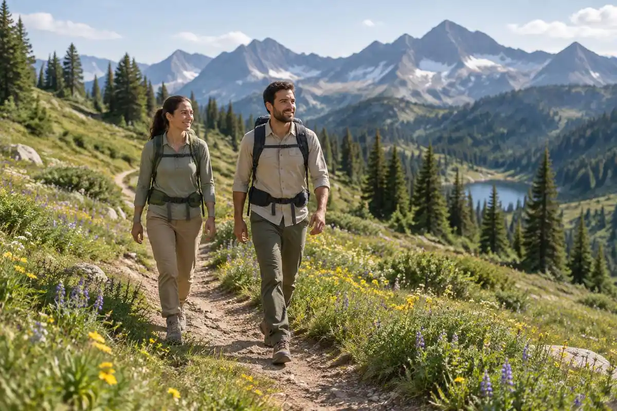 Couple walking an alpine meadow path, hands free and unhurried
